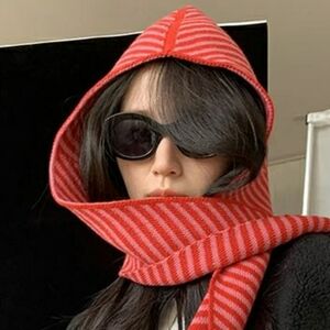 Red cotton knitting Striped Hooded Scarf